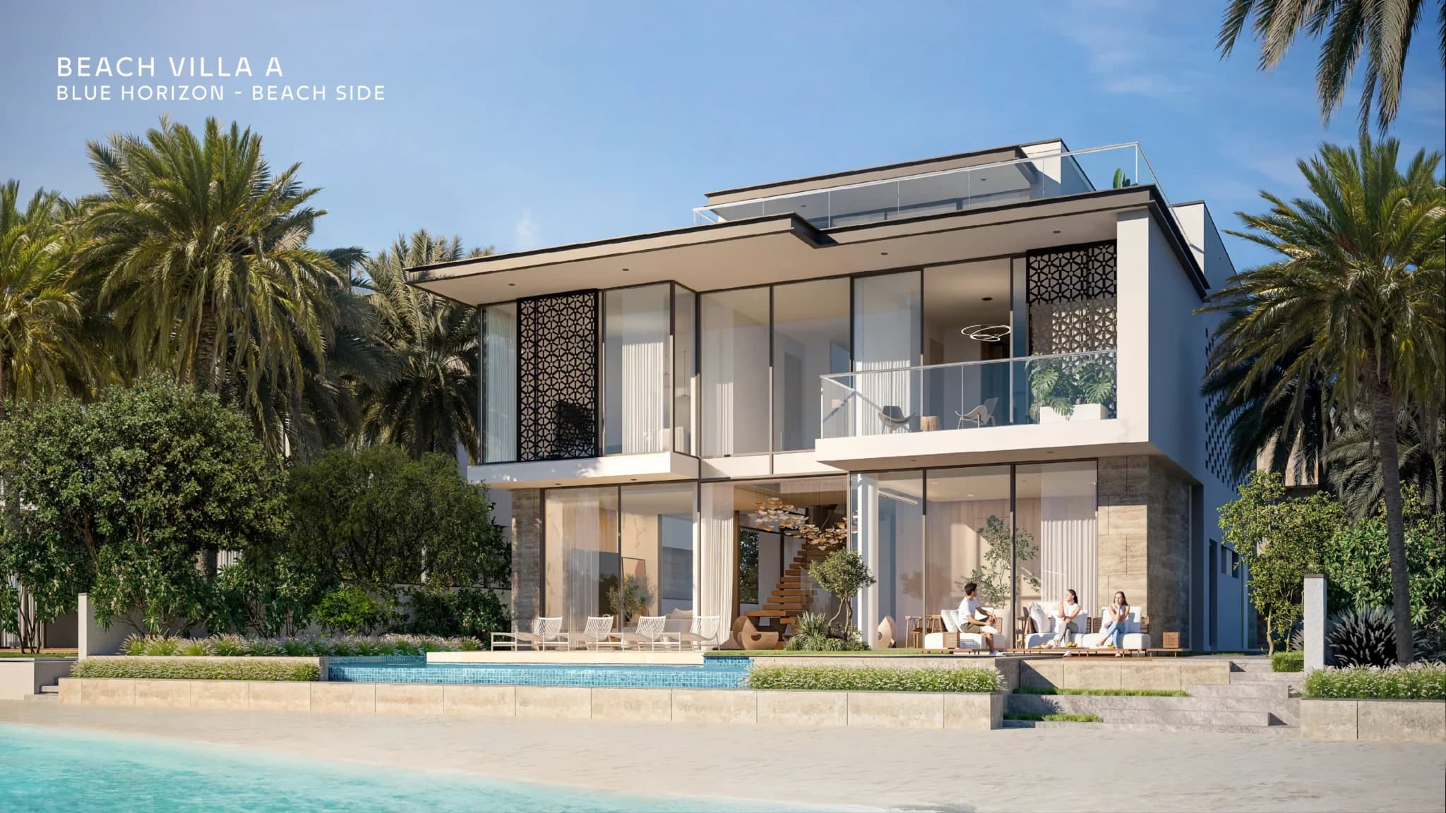 Beachfront villa on Palm Jebel Ali at dusk, with an infinity pool facing the Arabian Gulf