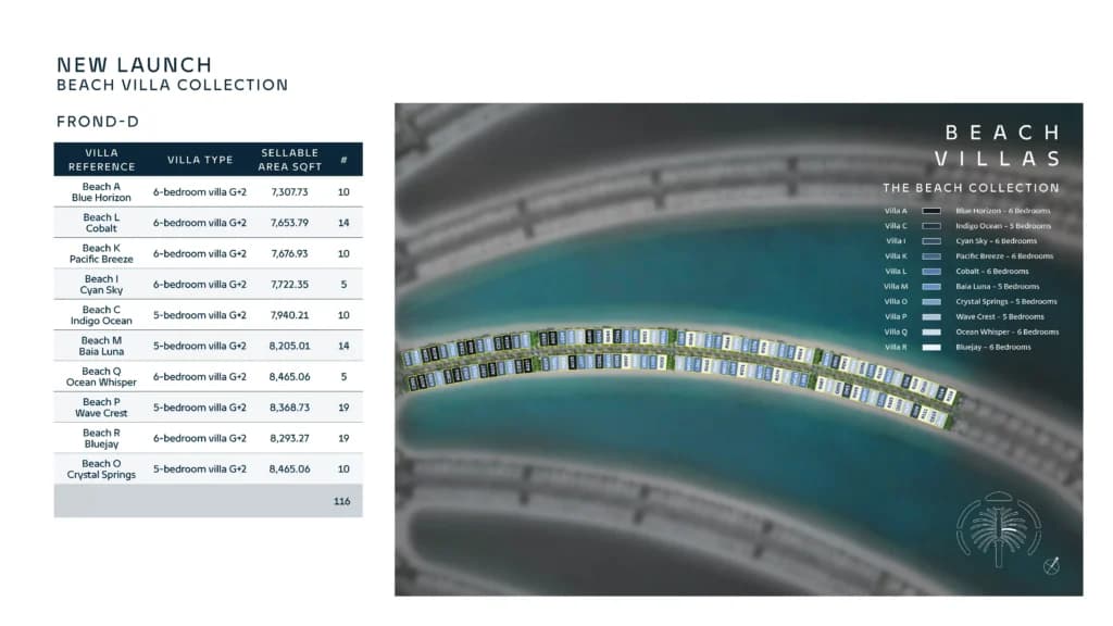 Palm Jebel Ali Frond D masterplan showing 138 beachfront villa plots