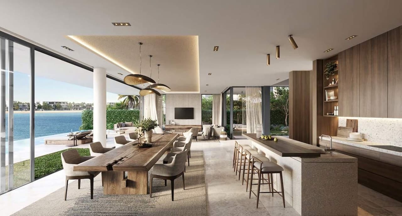 Double-height living space inside a Palm Jebel Ali beachfront villa